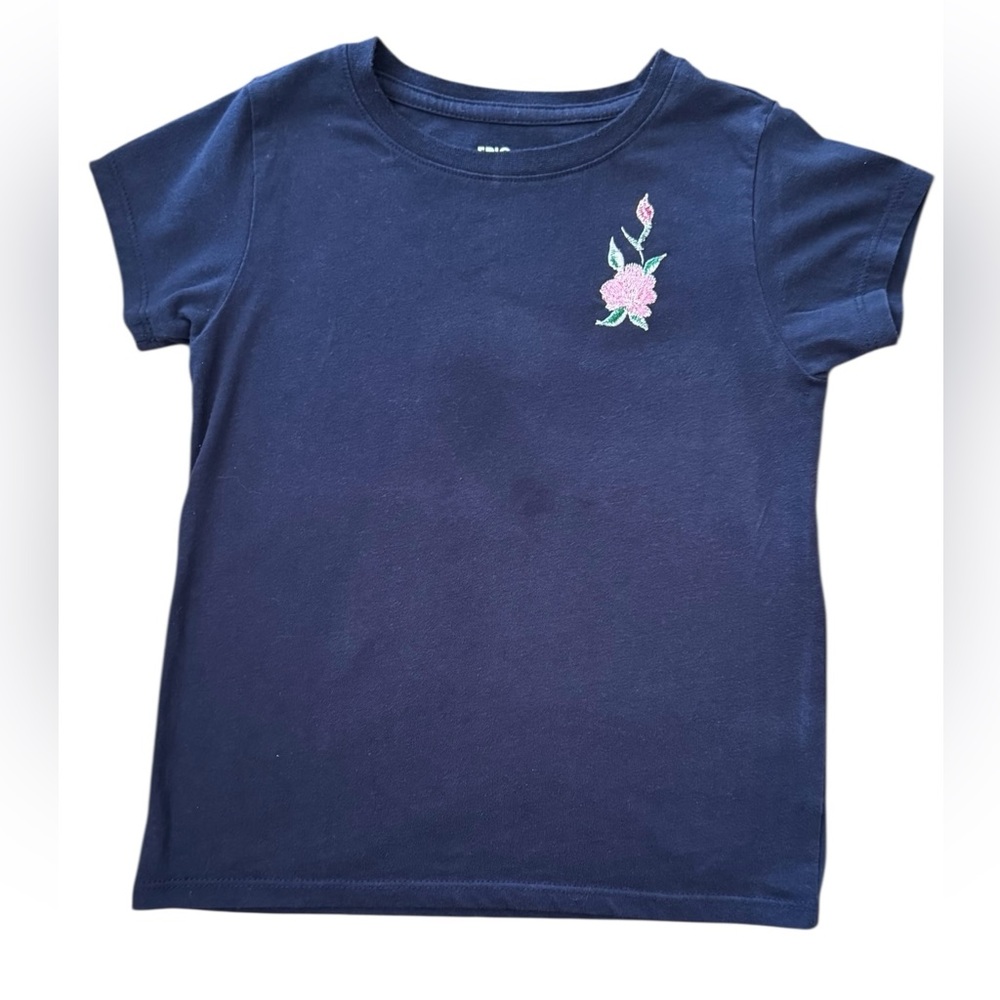 Girls Navy Blue Embroidered Floral Tee | Boutique Style | Handmade